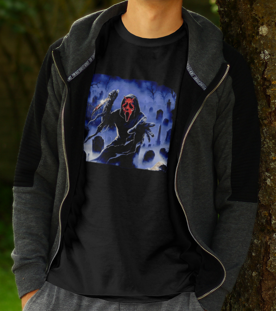 Ghostface Scream Devil Mask With Knife In Cemetery T-Shirt