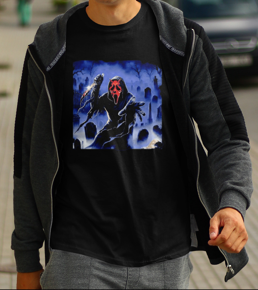 Ghostface Scream Devil Mask With Knife In Cemetery T-Shirt