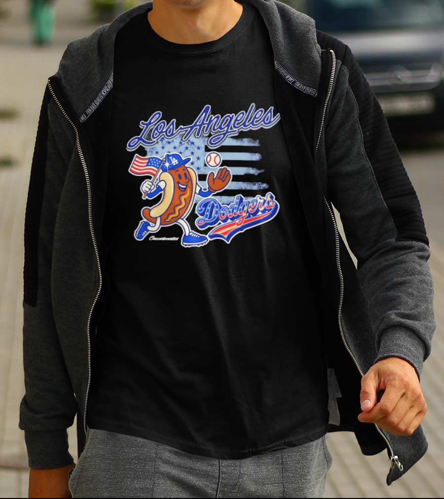 Los Angeles Dodgers Hot Dog Baseball American Flag Stars T-Shirt