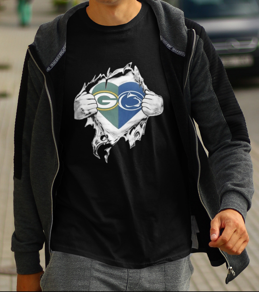Packers Penn State Heart Icon Featuring Green Bay And Nittany Lions Logos T-Shirt