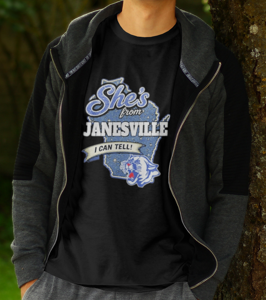She's From Janesville I Can Tell With Wisconsin Map And Wildcat T-Shirt