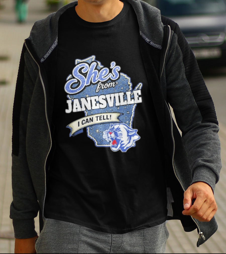 She's From Janesville I Can Tell With Wisconsin Map And Wildcat T-Shirt