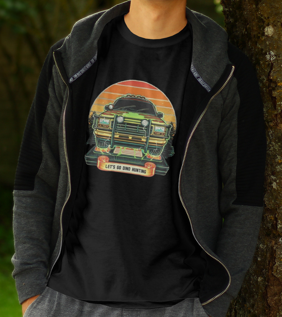 Jurassic Park Let's Go Dino Hunting Adventure Off Road Vehicle Sunset Scene T-Shirt