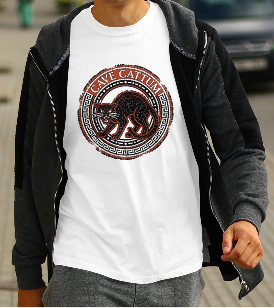 Cave Cattum Angry Cat Mosaic Roman Warning Sign T-Shirt
