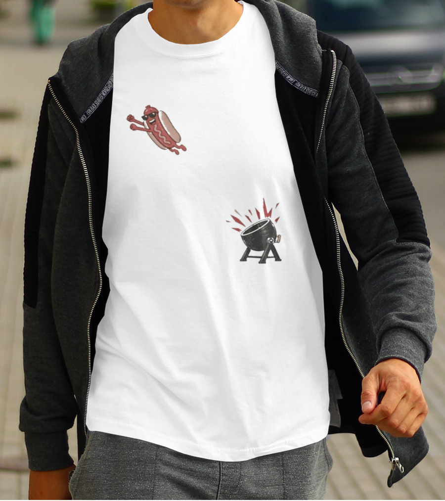 Hot Dog Jumping Into Grill Cartoon T-Shirt