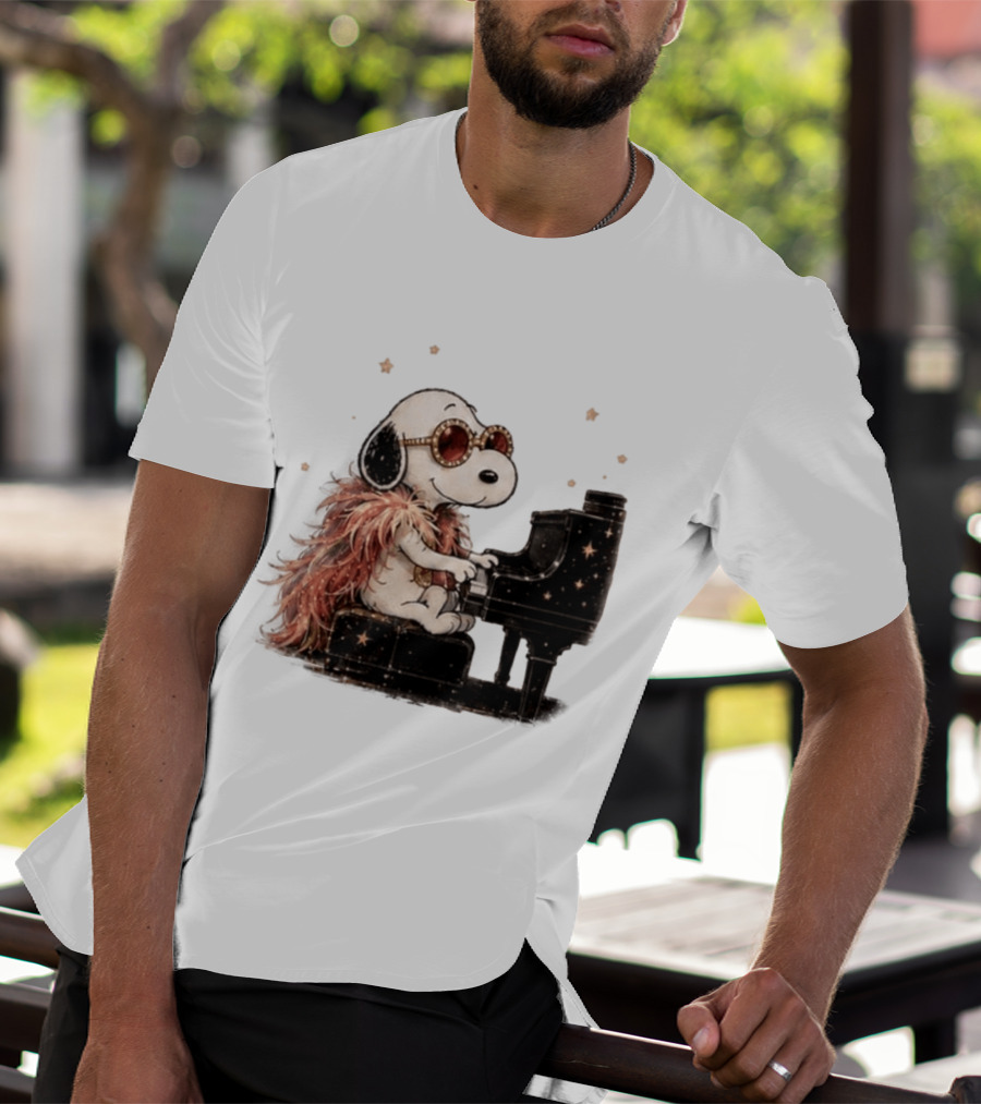 Snoopy Elton John Playing Piano Under Starry Nights T-Shirt
