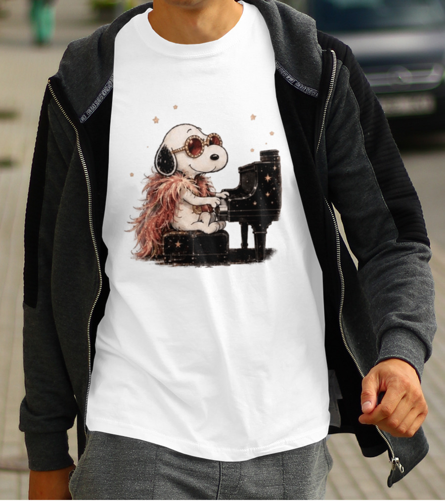 Snoopy Elton John Playing Piano Under Starry Nights T-Shirt
