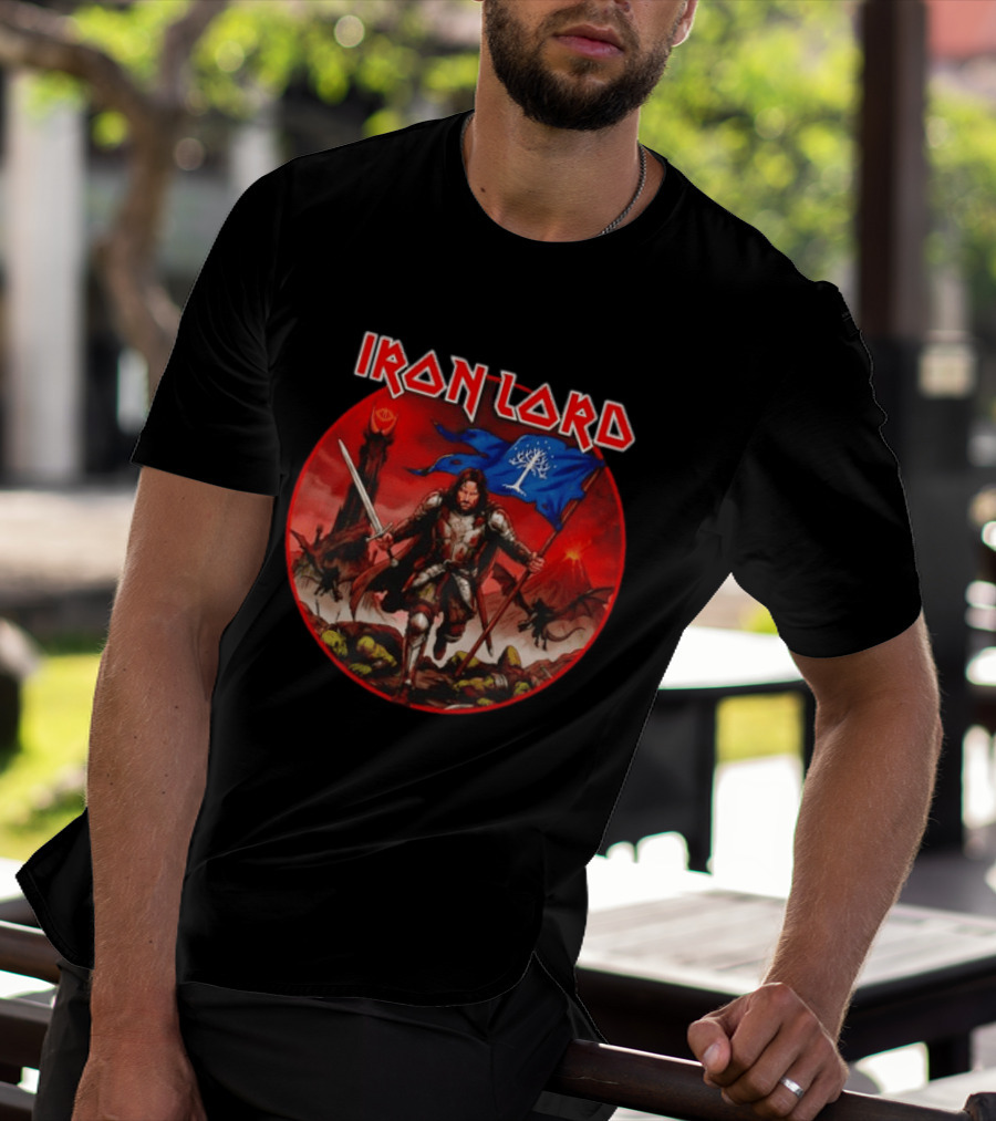 Lord Of The Rings Aragorn Iron Lord Middle Earth Battle With Flag And Sword T-Shirt