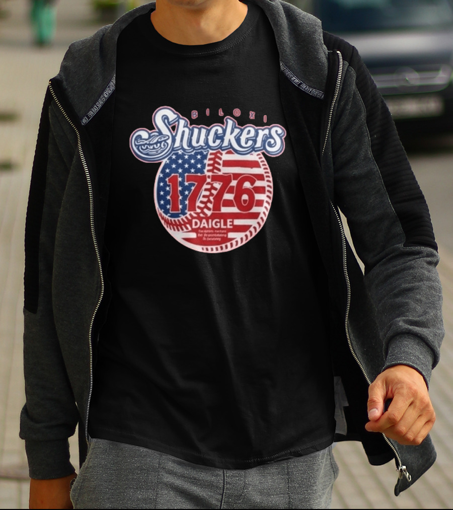 Biloxi Shuckers 1776 American Flag Baseball Daigle Text Stars Stripes T-Shirt