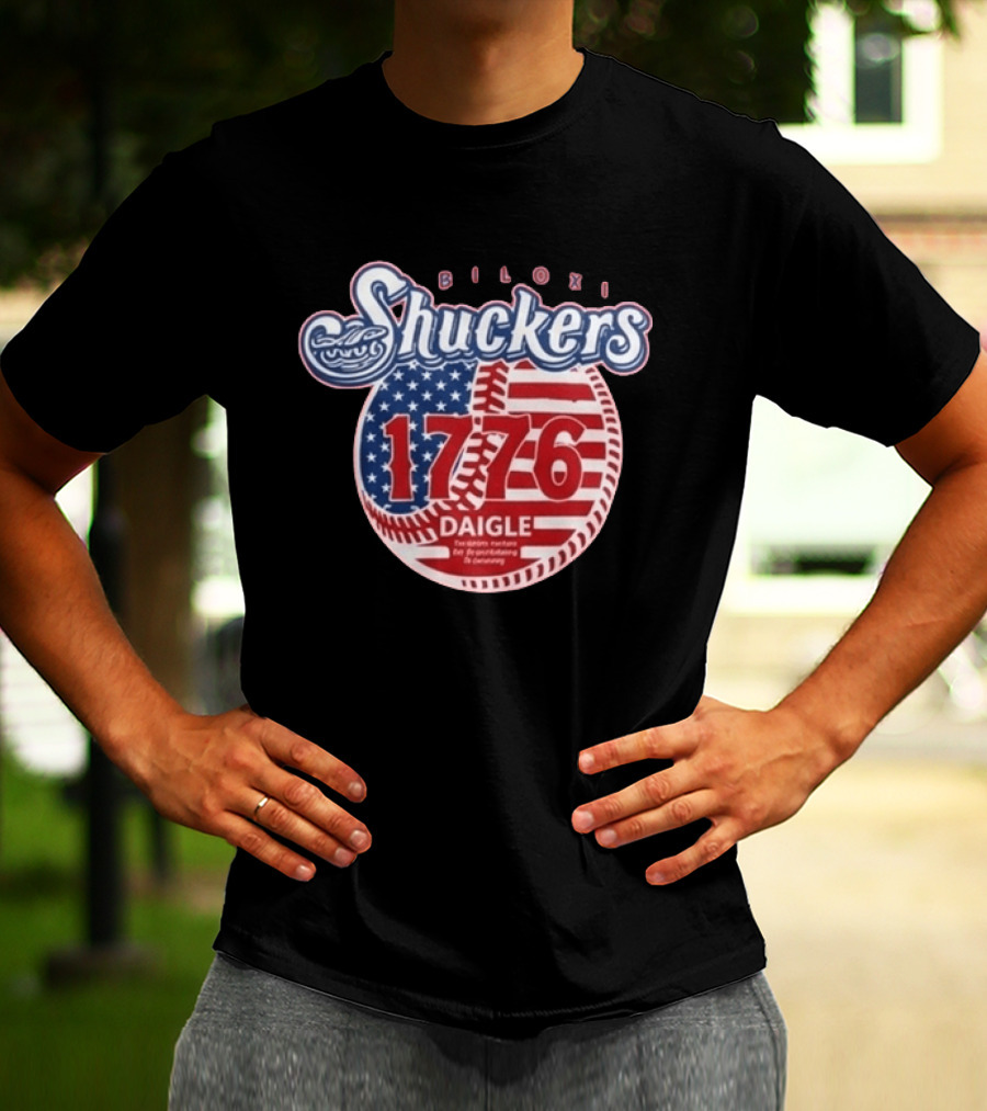 Biloxi Shuckers 1776 American Flag Baseball Daigle Text Stars Stripes T-Shirt
