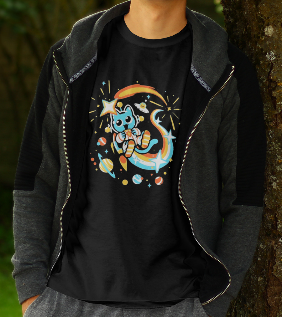 Cosmic Cat Cosmonaut Adventure In Stardust Space With Planets And Shooting Stars T-Shirt
