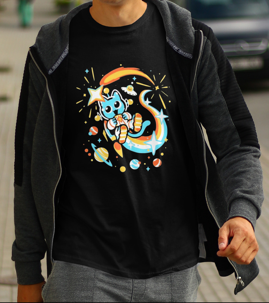 Cosmic Cat Cosmonaut Adventure In Stardust Space With Planets And Shooting Stars T-Shirt