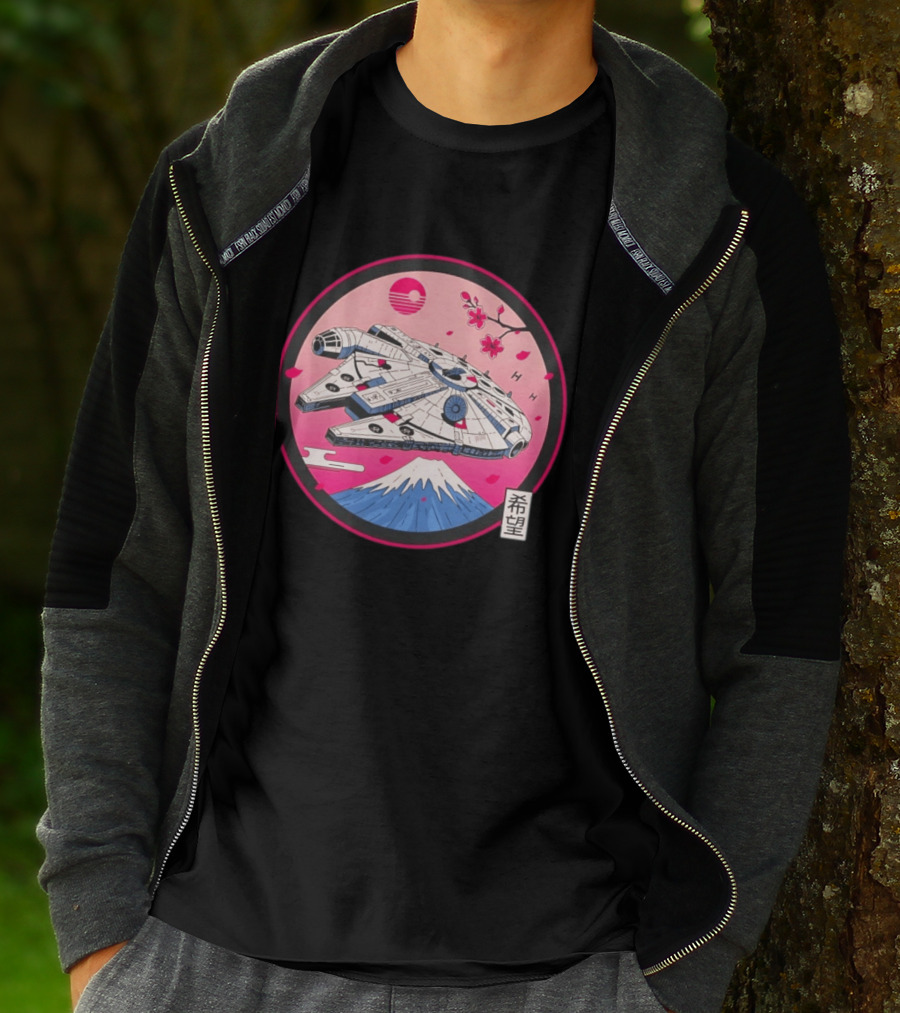 Millennium Falcon Over Fuji Cherry Blossoms Hope Kanji Circle T-Shirt