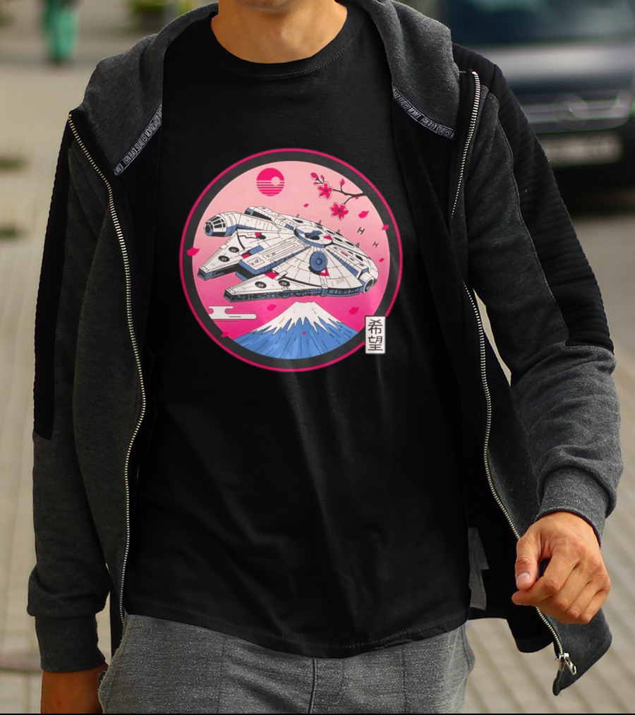 Millennium Falcon Over Fuji Cherry Blossoms Hope Kanji Circle T-Shirt