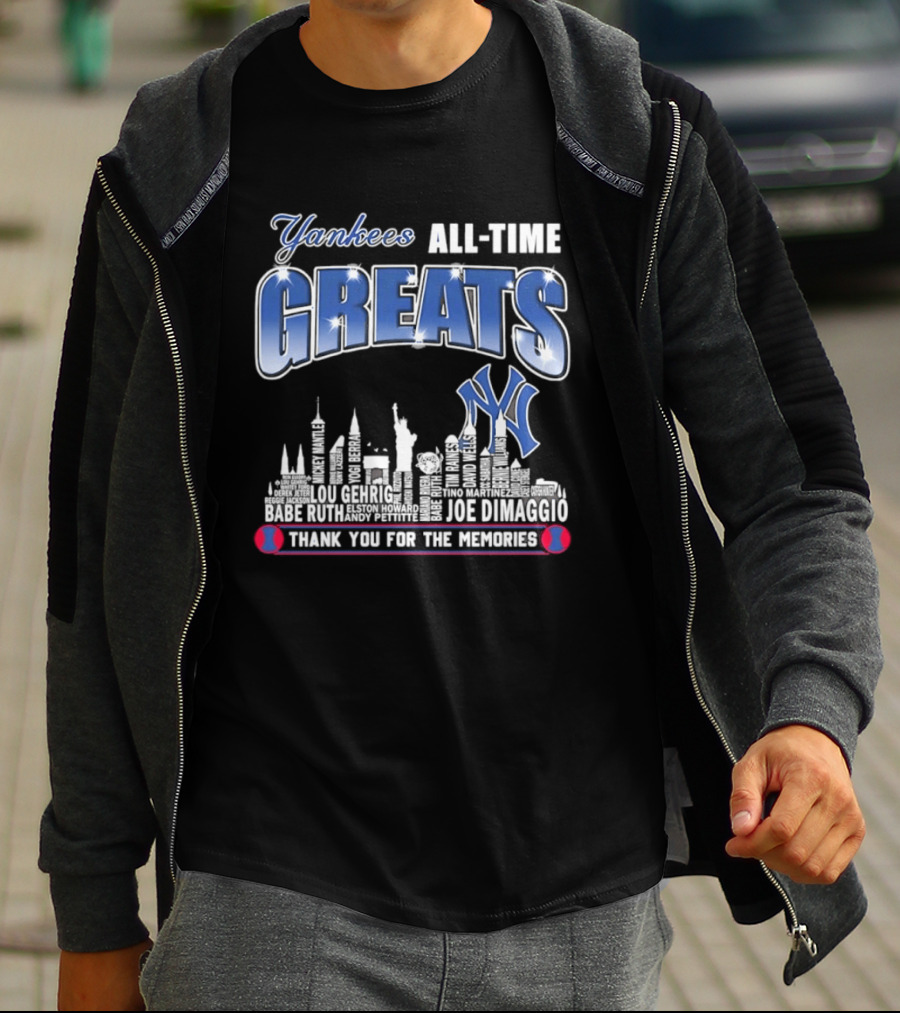 Yankees All Time Greats Lou Gehrig Babe Ruth Joe DiMaggio Derek Jeter MLB Skyline Yankees NY Thank You For The Memories T-Shirt
