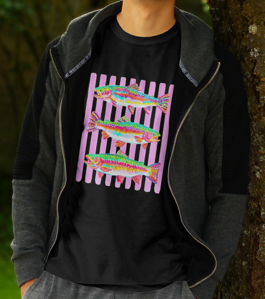 Rainbow Trout Fish Three Swimming Pink Vertical Striped T-Shirt