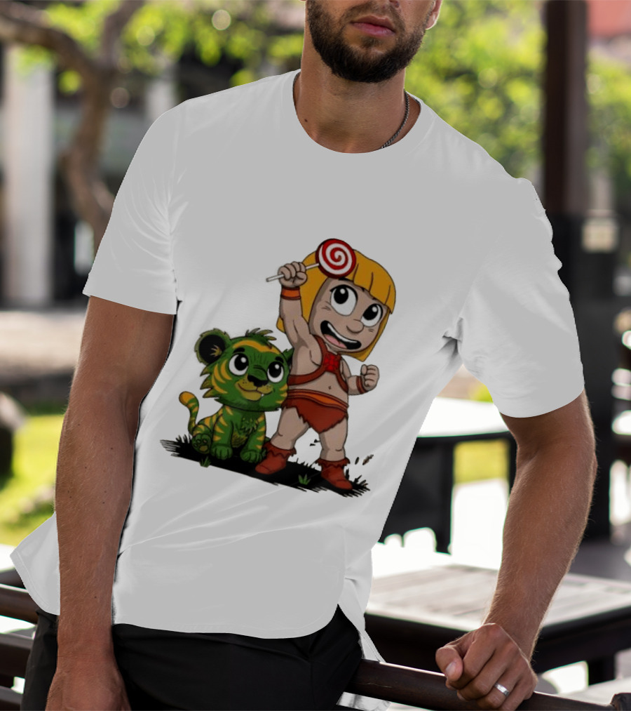 Master Of Kindergarten He Man Chibi With Tiger And Lollipop T-Shirt