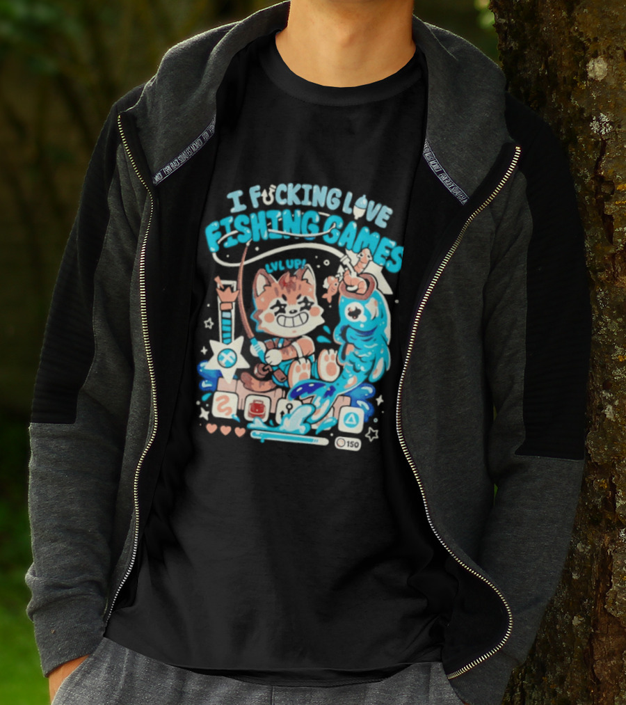 I Fucking Love Fishing Games XP Splash Cute Cat With Fish And Hearts T-Shirt