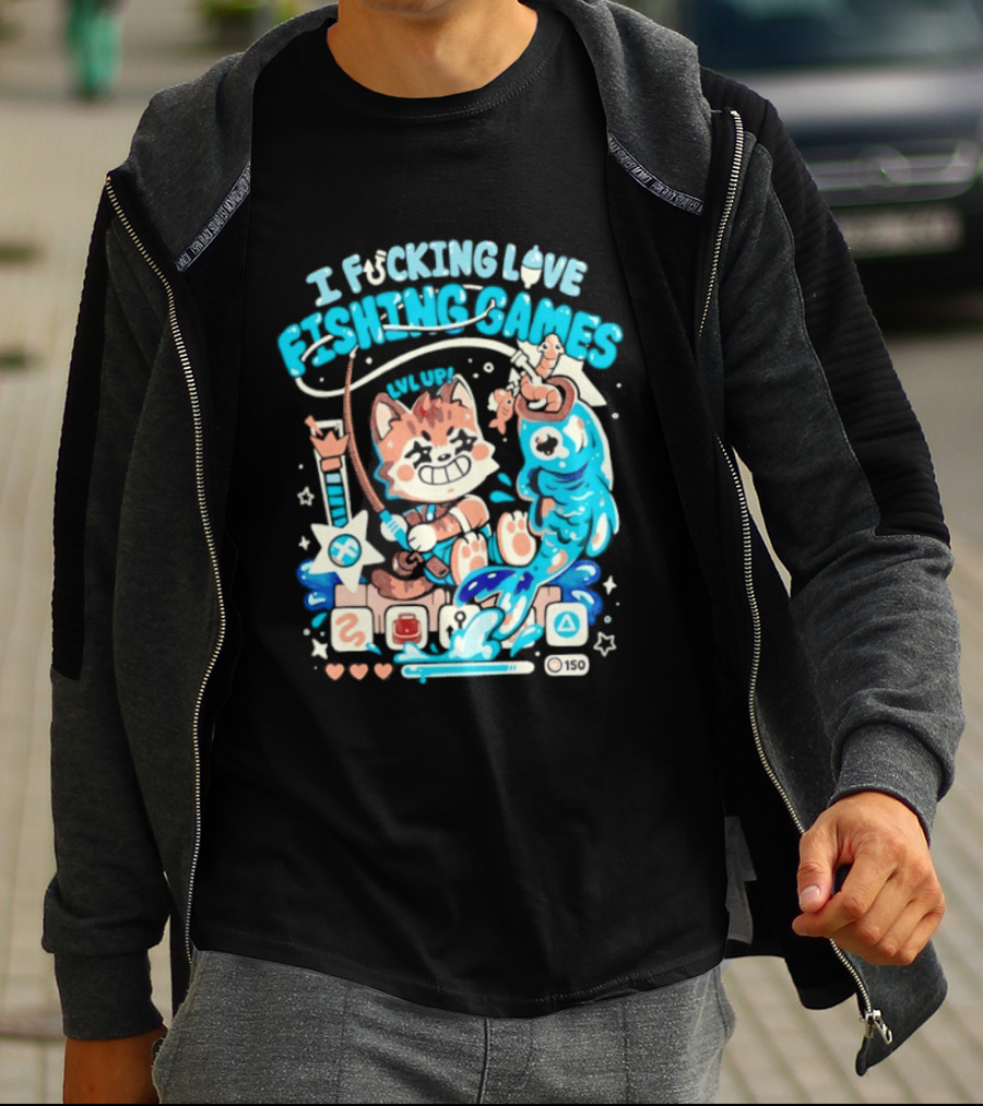I Fucking Love Fishing Games XP Splash Cute Cat With Fish And Hearts T-Shirt