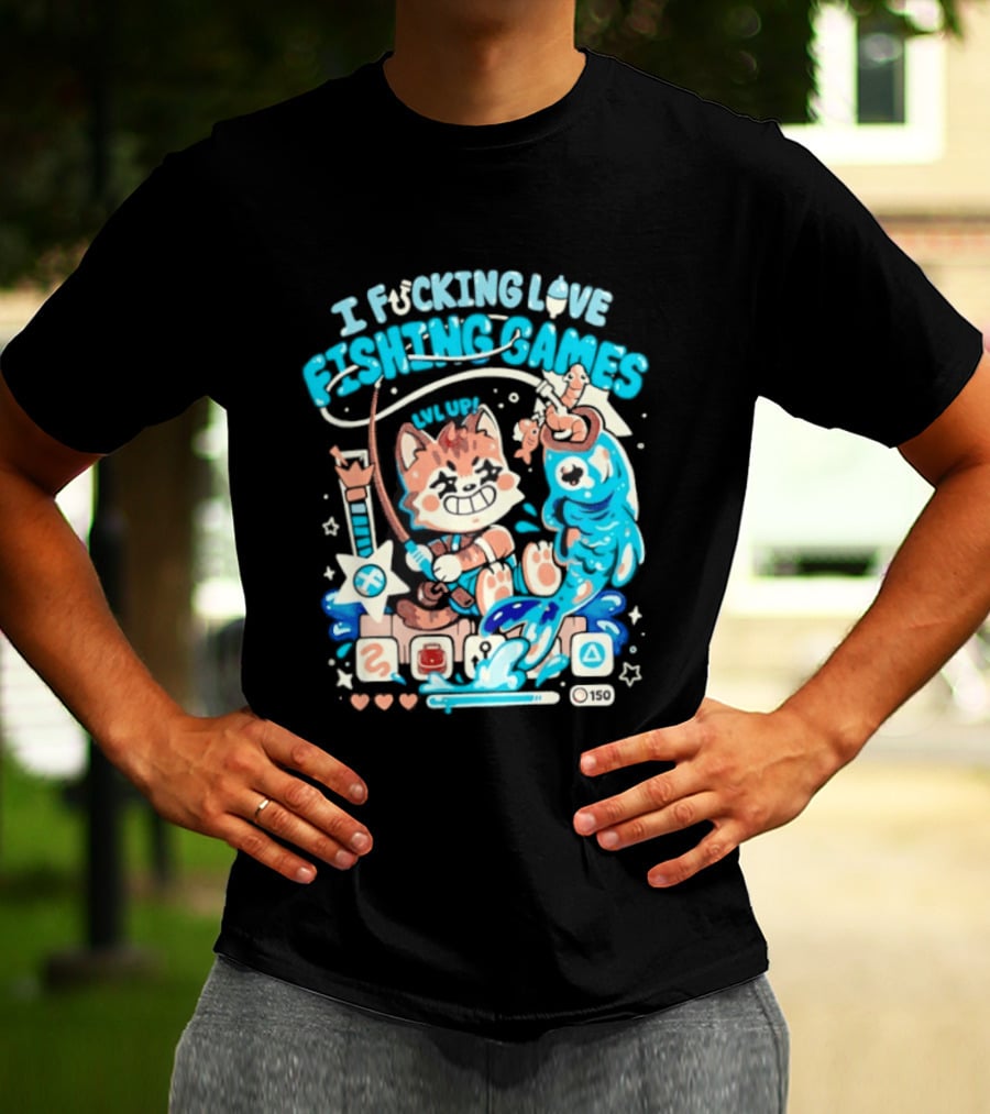 I Fucking Love Fishing Games XP Splash Cute Cat With Fish And Hearts T-Shirt