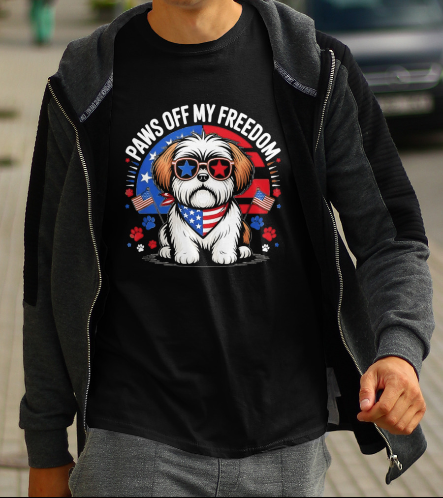 Paws Off My Freedom Shih Tzu American Flag Sunglasses Stars And Stripes T-Shirt