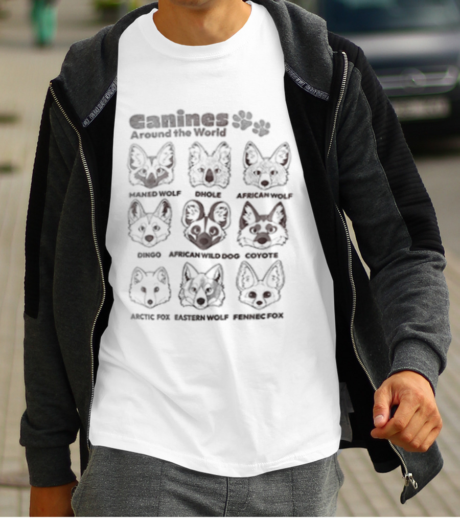 Ganines Around The World Maned Wolf Dhole Bush Dog African Wild Dog Coyote Culpeo Raccoon Dog Tibetan Fox Ethiopian Wolf Tanuki T-Shirt