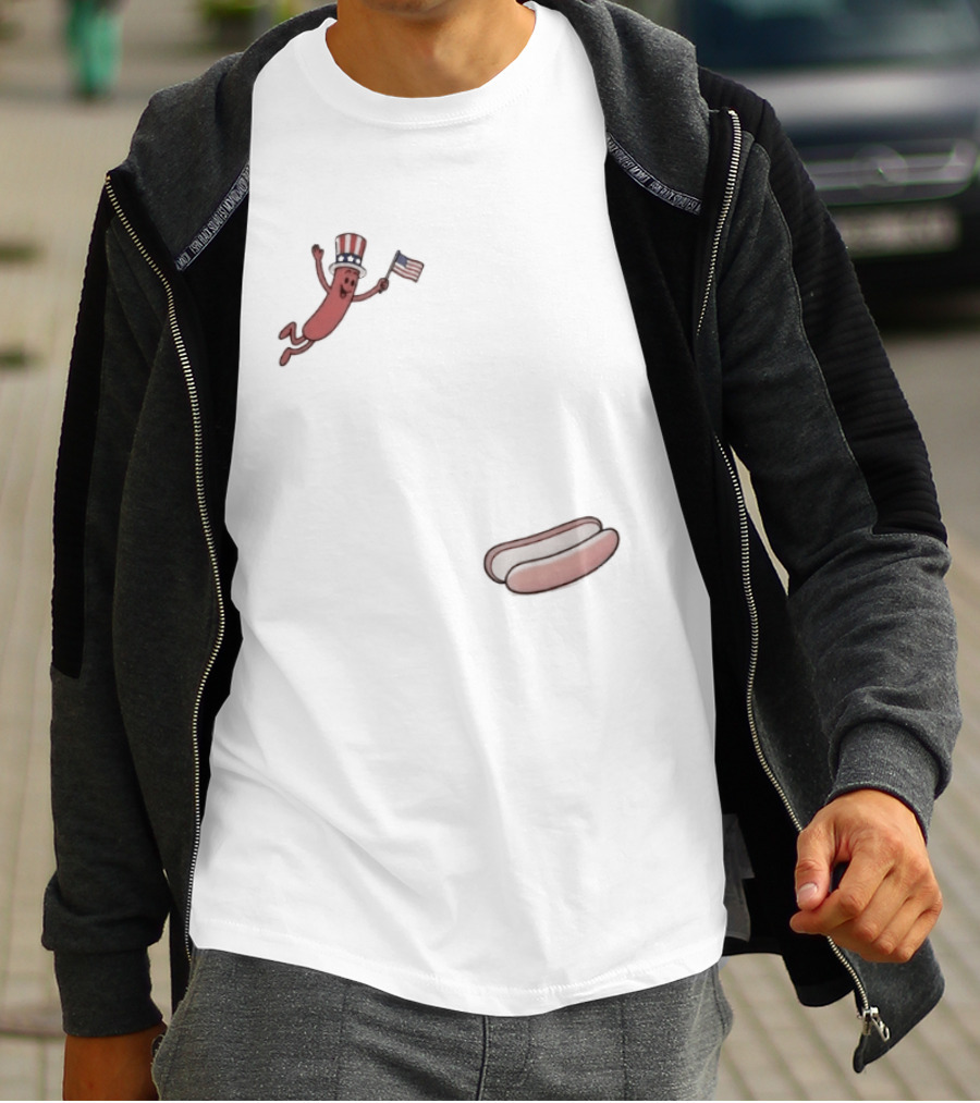 Hot Dog Wearing USA Flag Hat Jumping With American Spirit T-Shirt