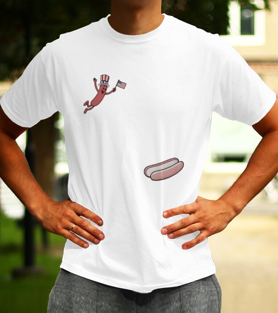 Hot Dog Wearing USA Flag Hat Jumping With American Spirit T-Shirt