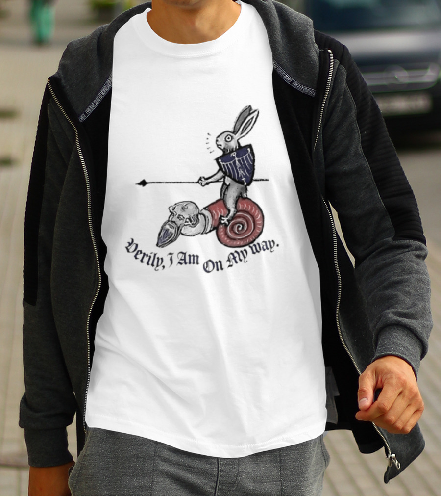 Verily I Am On My Way Knighted Rabbit Snail Medieval Marginalia T-Shirt
