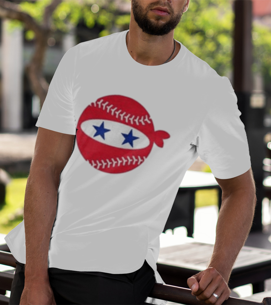Pitching Ninja Baseball Two Blue Stars Red Baseball Stitches T-Shirt