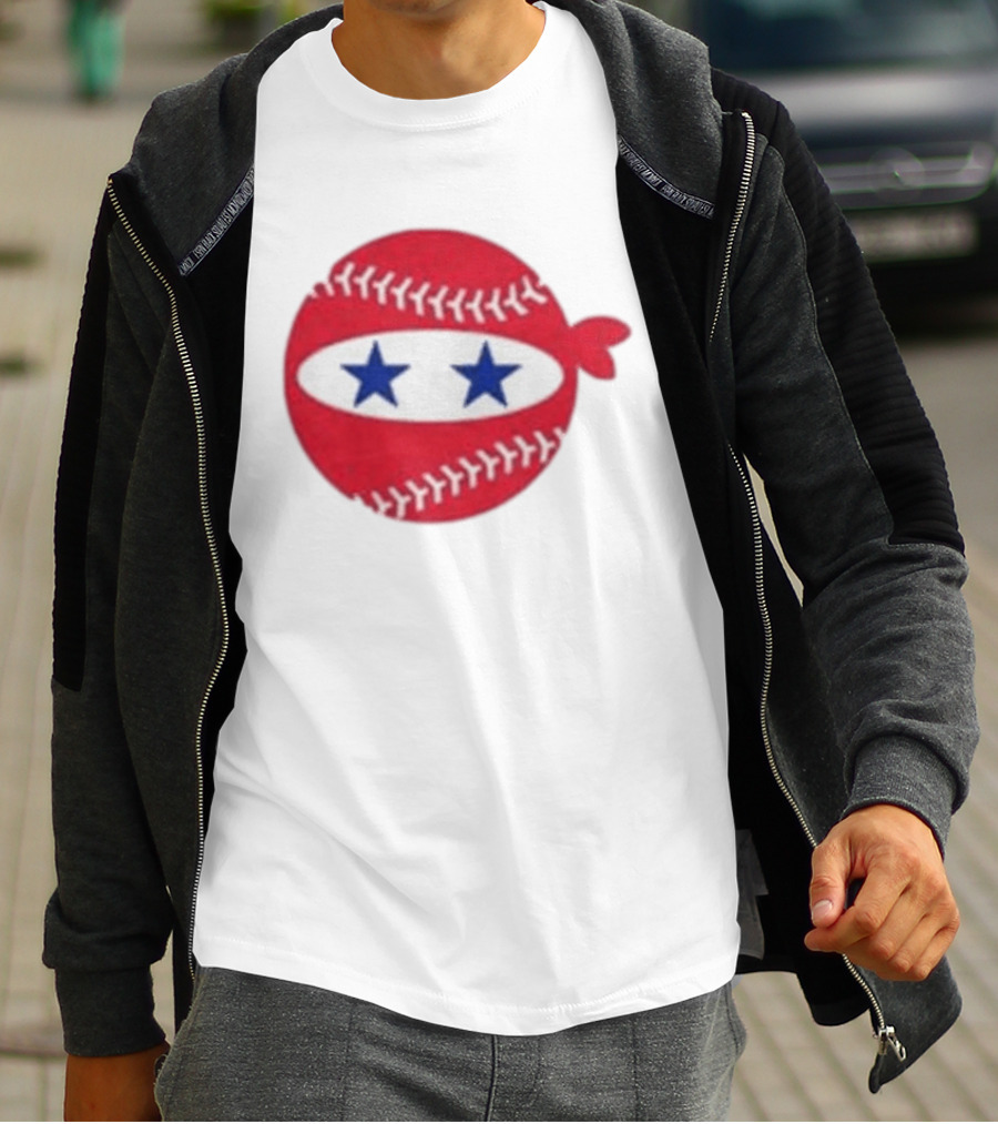 Pitching Ninja Baseball Two Blue Stars Red Baseball Stitches T-Shirt
