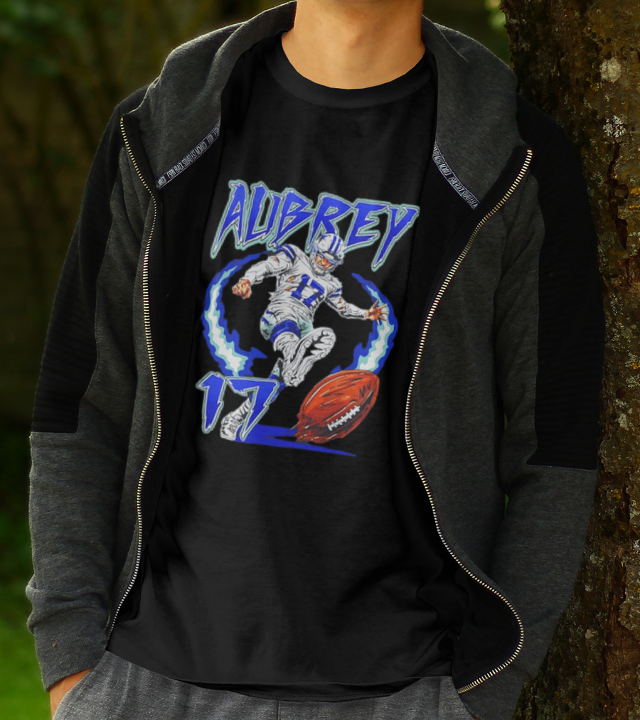 Aubrey 17 Dallas Football Player Kicking With Blue Lightning T-Shirt