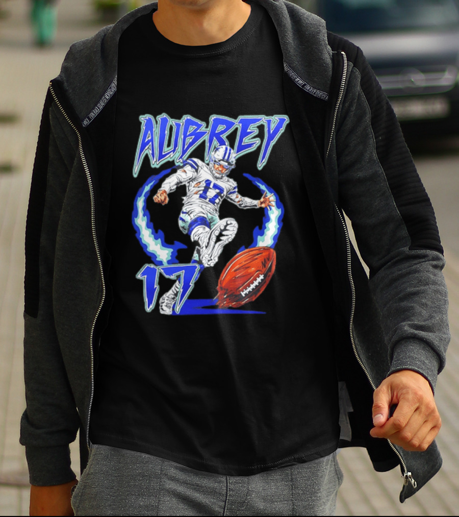 Aubrey 17 Dallas Football Player Kicking With Blue Lightning T-Shirt