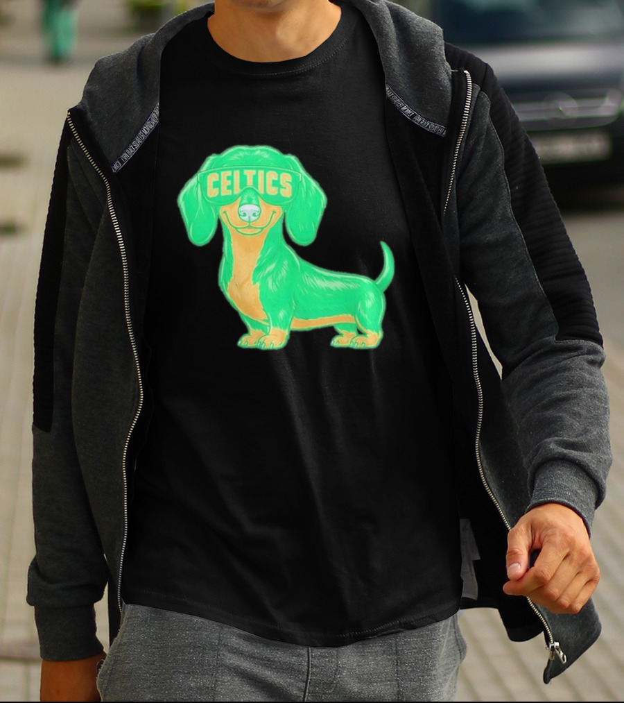 Boston Celtics Dachshund Cartoon Glasses T-Shirt