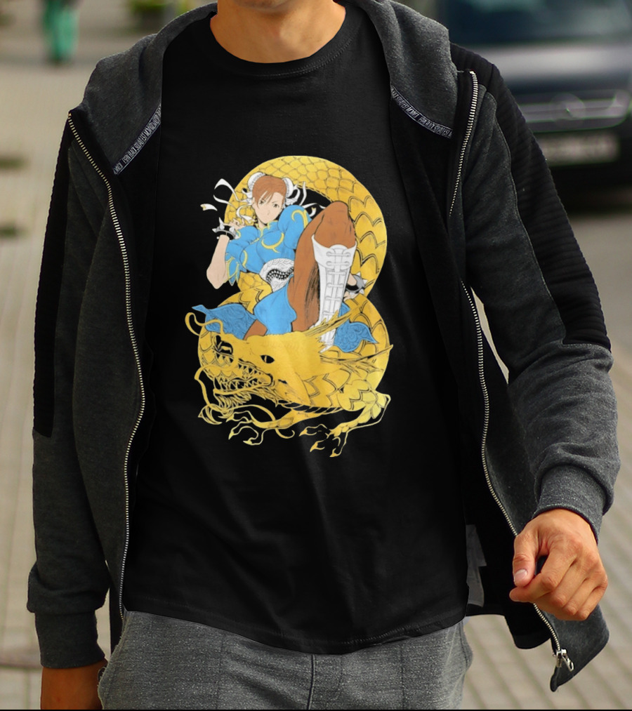 Chun Li Gold Dragon Kick Fighter Blue Outfit Gold Dragon T-Shirt
