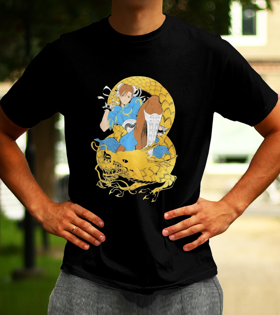 Chun Li Gold Dragon Kick Fighter Blue Outfit Gold Dragon T-Shirt