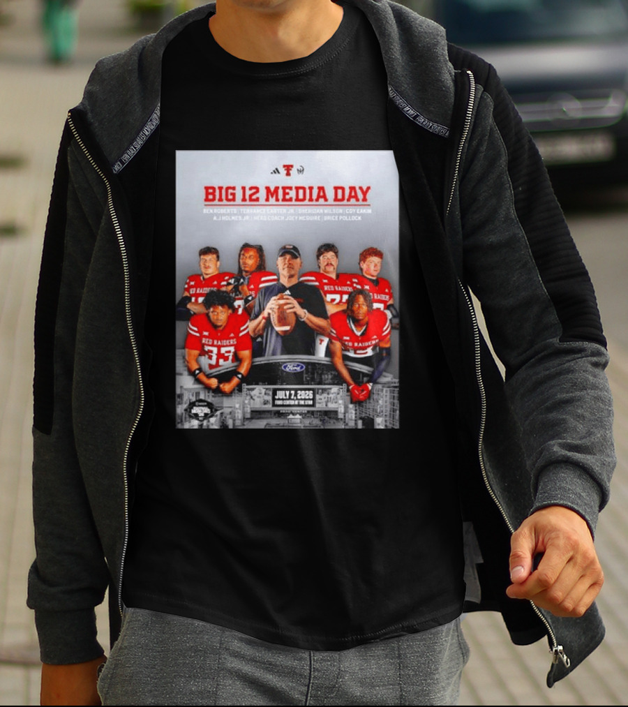 Big 12 Media Day Texas Tech Red Raiders July 7 2026 With Ben Roberts And Joey McGuire T-Shirt
