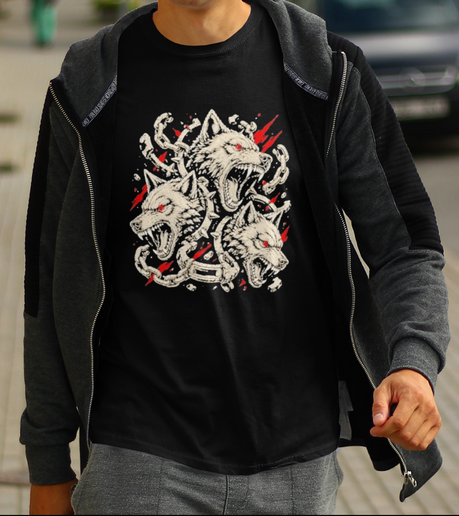 Three Headed Wolf Cerberus Mythical Beast Chains And Red Accents T-Shirt