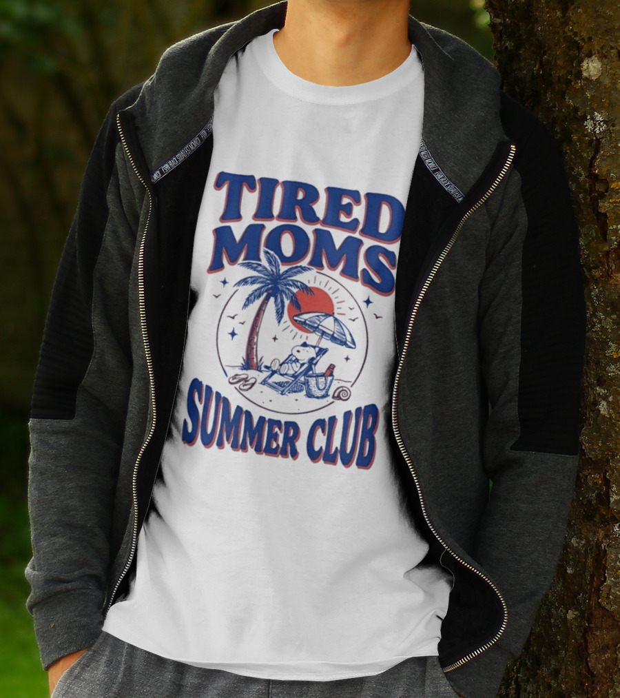 Tired Moms Summer Club Snoopy Beach Relaxation Under Palm Tree T-Shirt