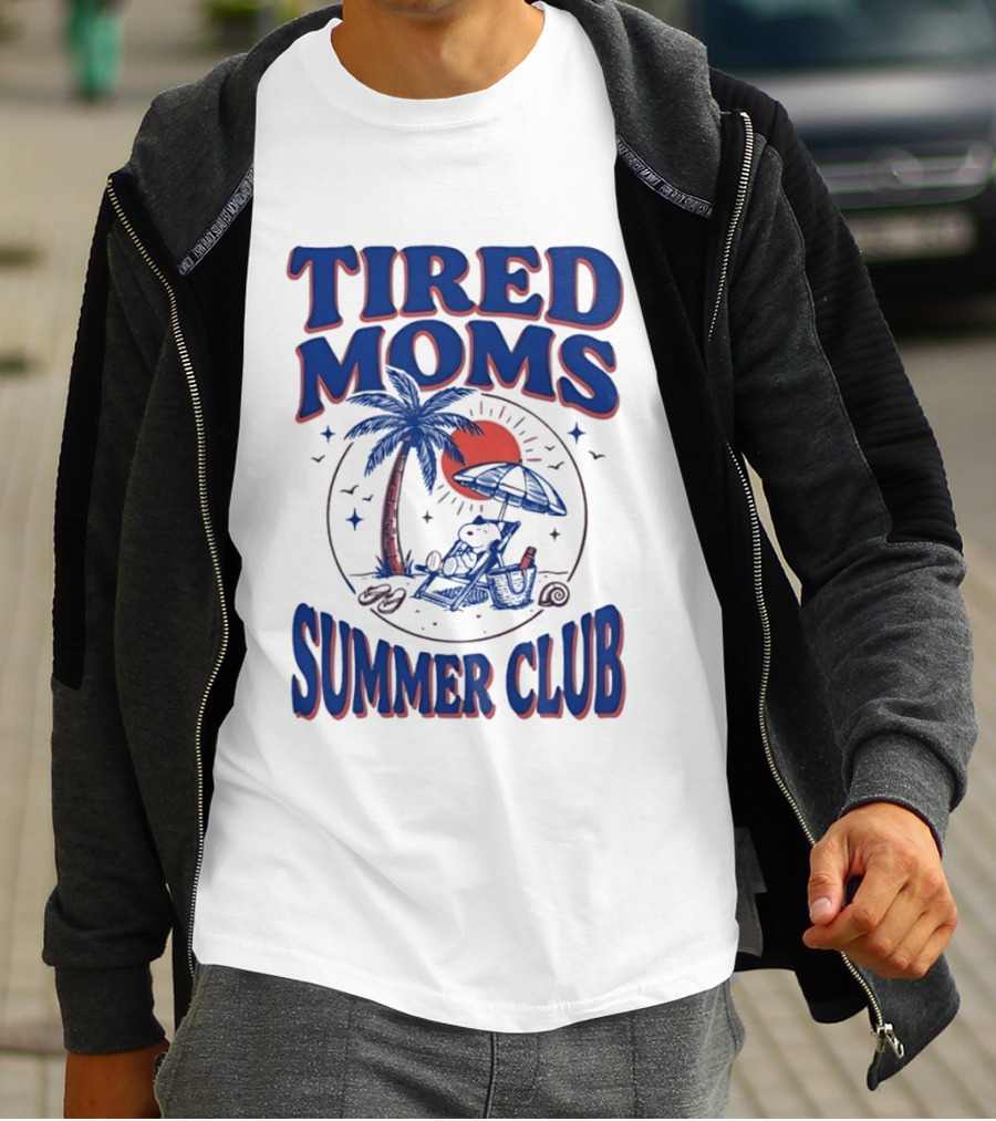 Tired Moms Summer Club Snoopy Beach Relaxation Under Palm Tree T-Shirt