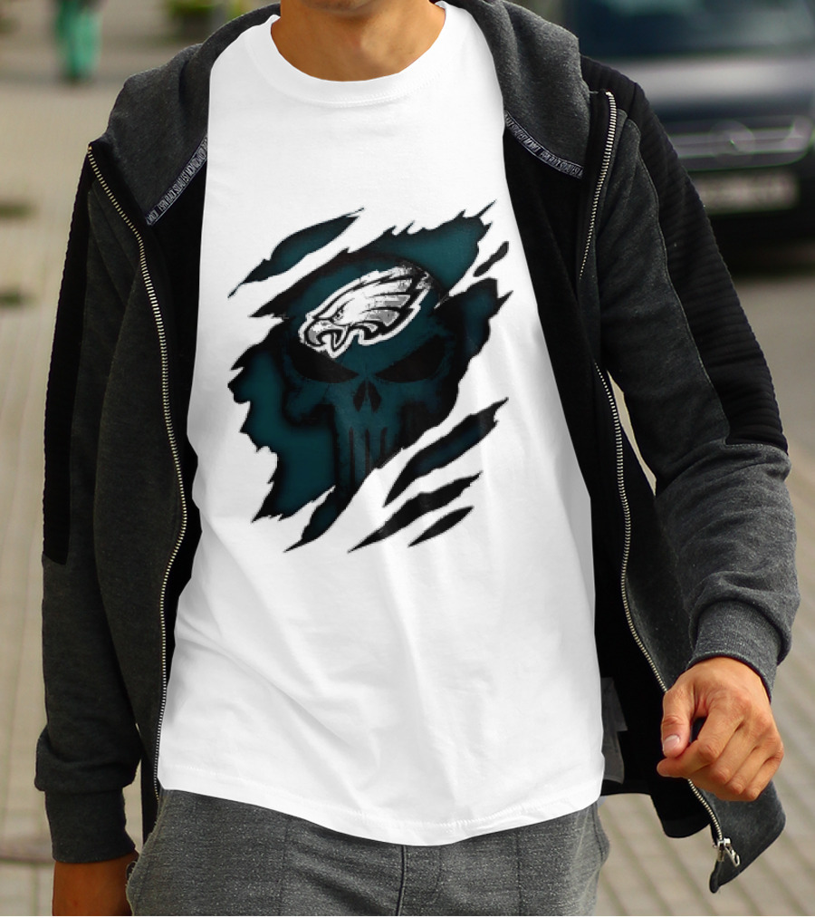 Philadelphia Eagles Punisher Skull Ripped Effect NFL Team Merchandise T-Shirt