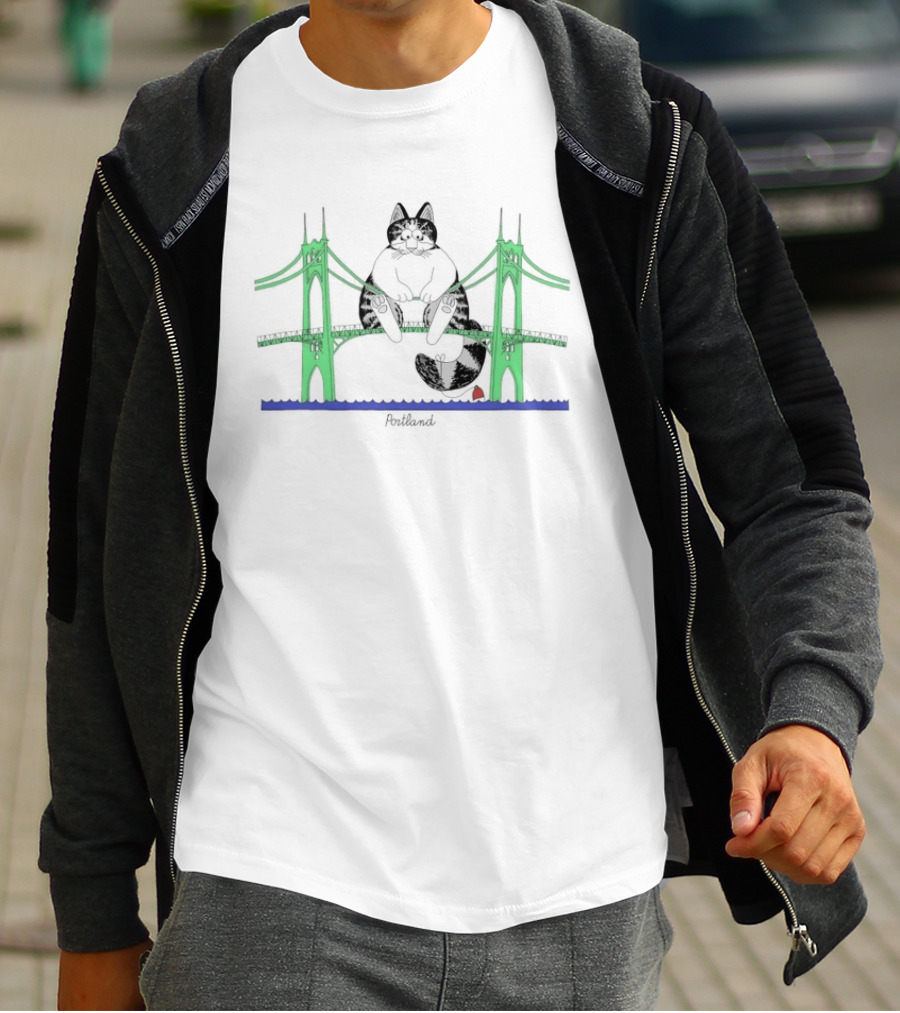 Portland Oregon Cat St Johns Bridge Kliban T-Shirt