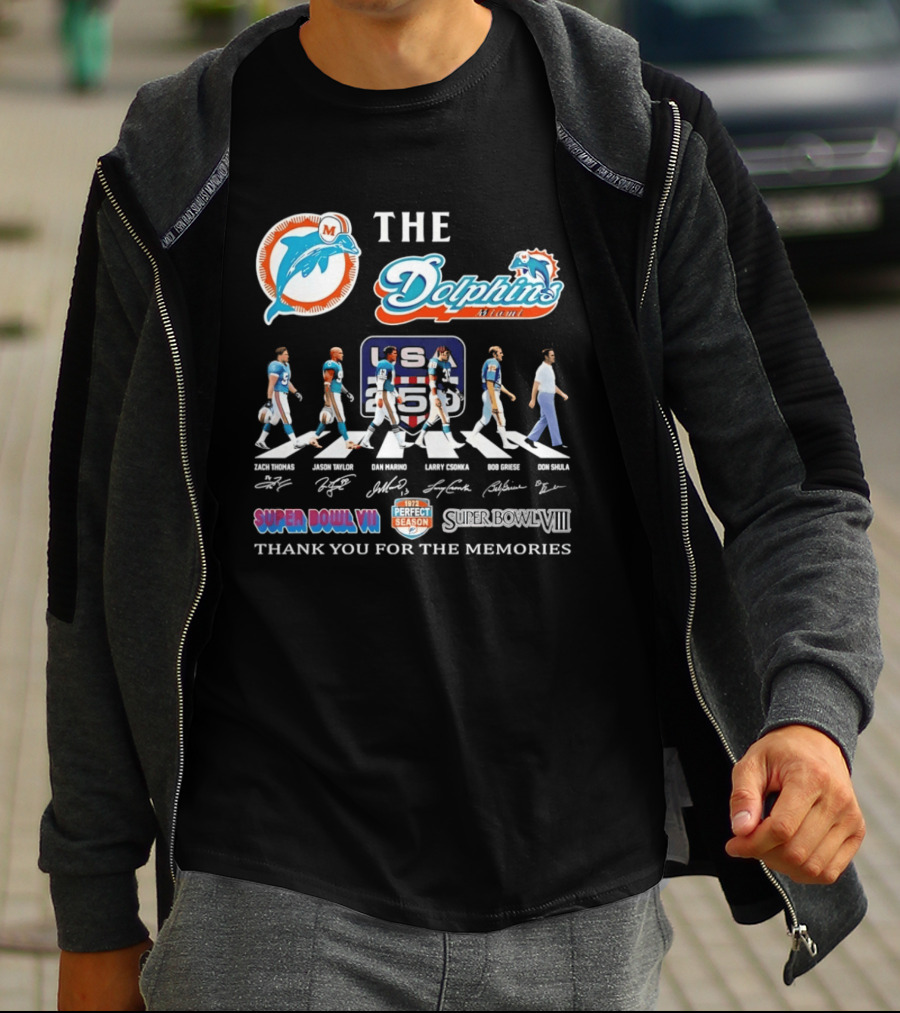 The Miami Dolphins Legends Zach Thomas Jason Taylor Dan Marino Larry Csonka Bob Griese Don Shula Thank You For The Memories Super Bowl VII VIII T-Shirt