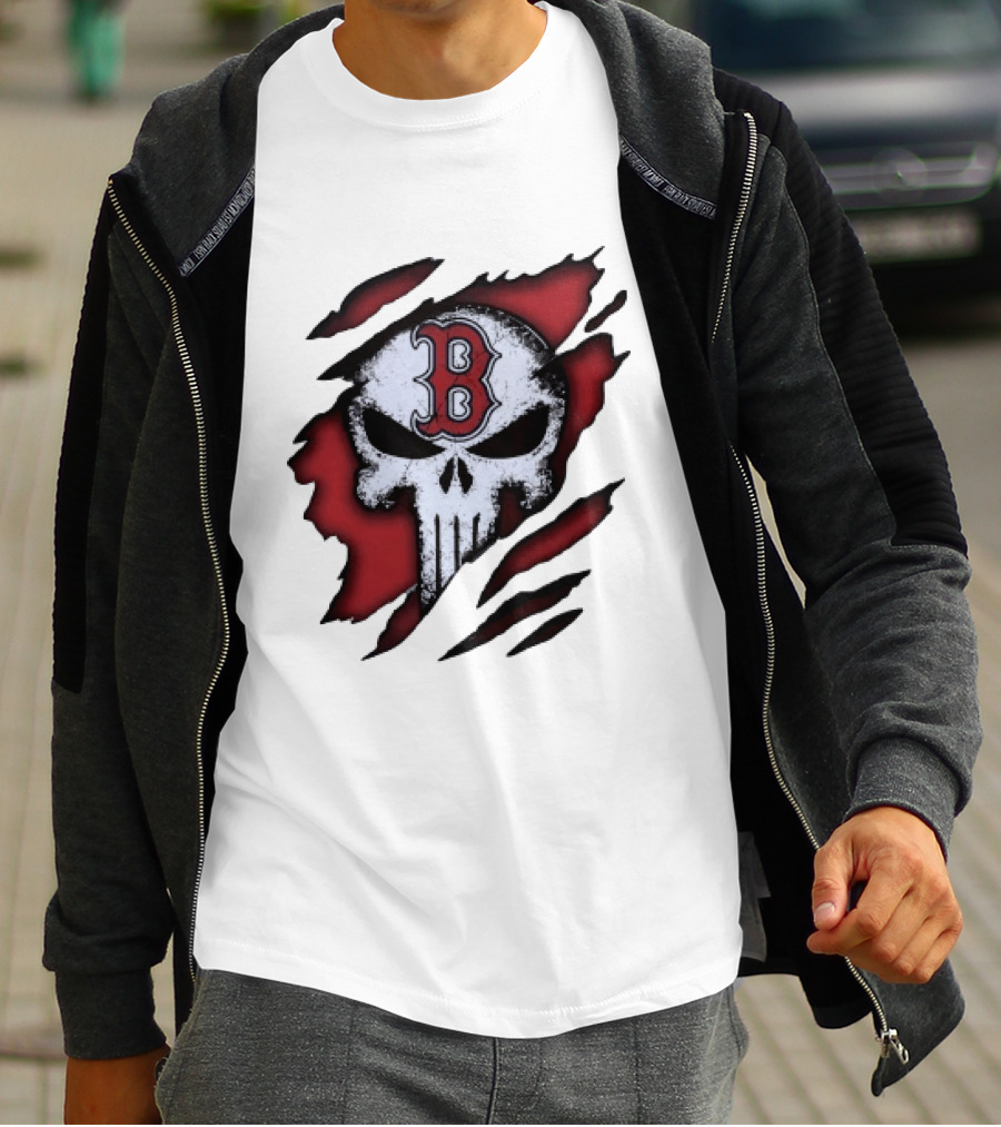 Boston Red Sox Skull Punisher Shredded Effect T-Shirt