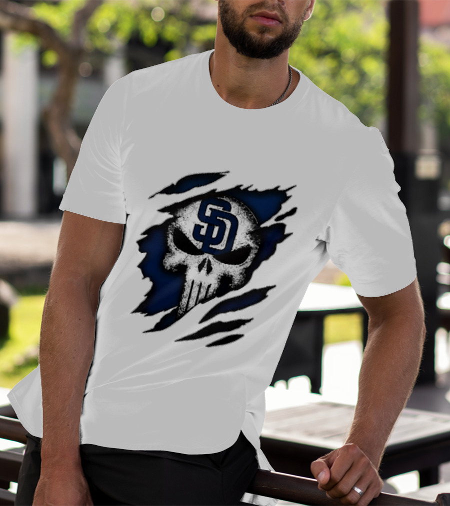 SD Punisher Skull Ripped Fabric San Diego Padres T-Shirt