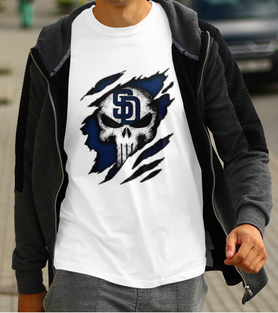 SD Punisher Skull Ripped Fabric San Diego Padres T-Shirt