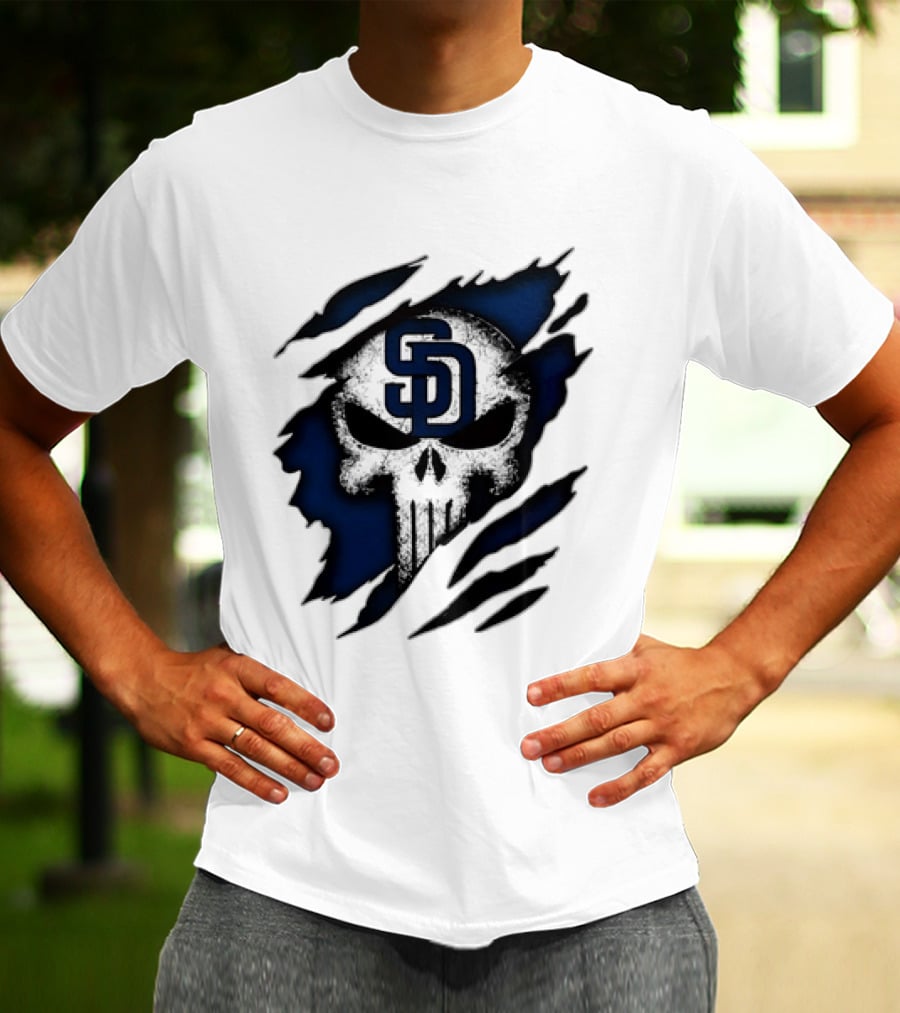 SD Punisher Skull Ripped Fabric San Diego Padres T-Shirt