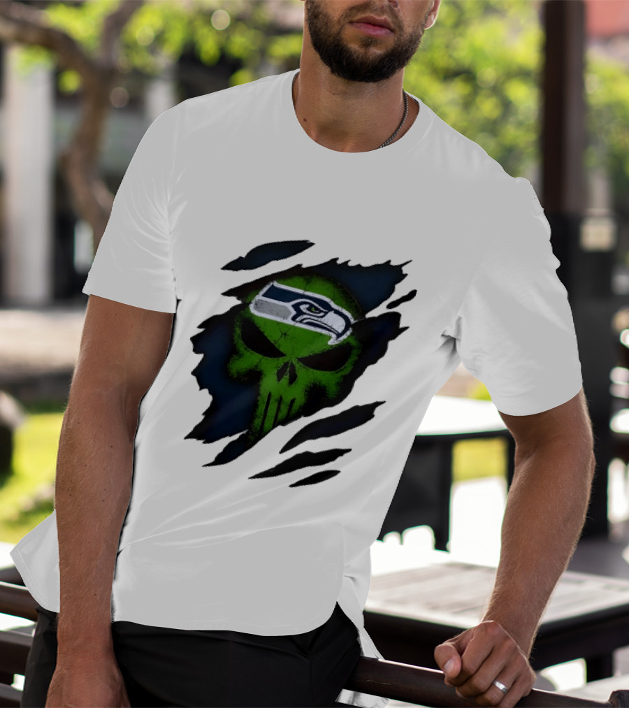 Seattle Seahawks Punisher Skull Ripped Fabric T-Shirt