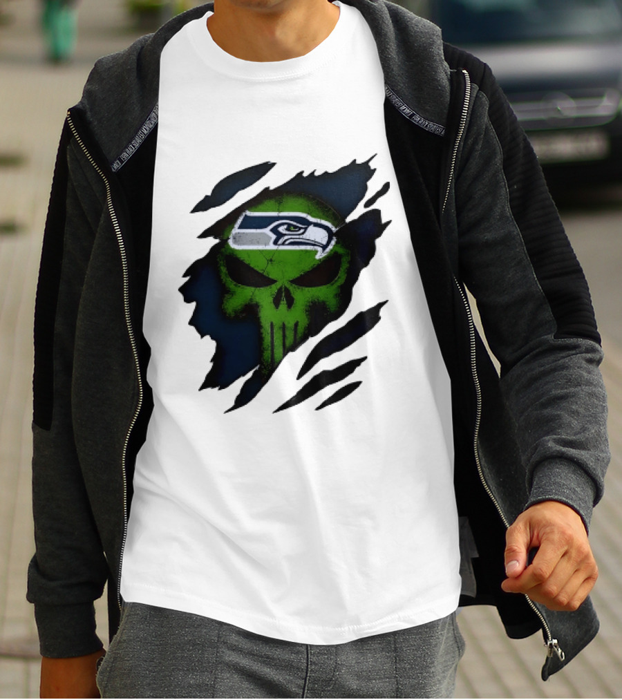 Seattle Seahawks Punisher Skull Ripped Fabric T-Shirt