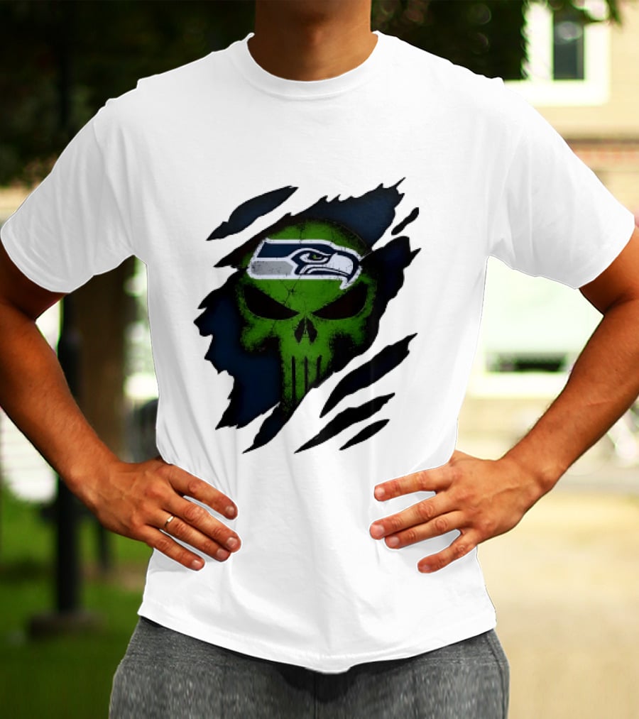 Seattle Seahawks Punisher Skull Ripped Fabric T-Shirt